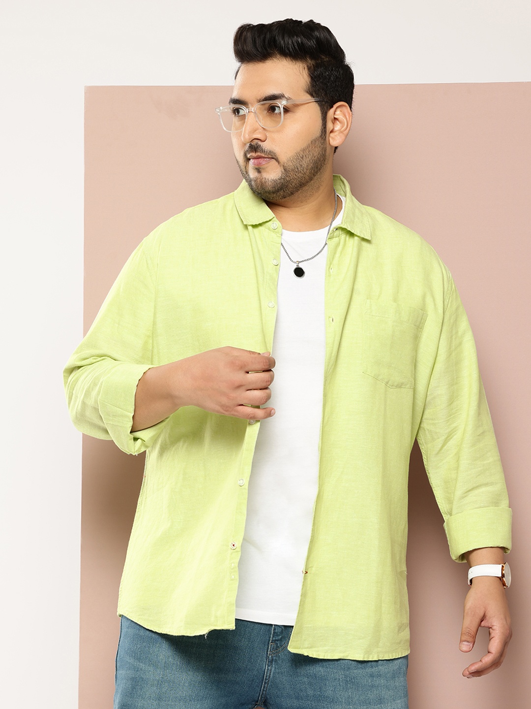 

VASTRADO Plus Size Men Classic Slim Fit Opaque Casual Shirt, Green