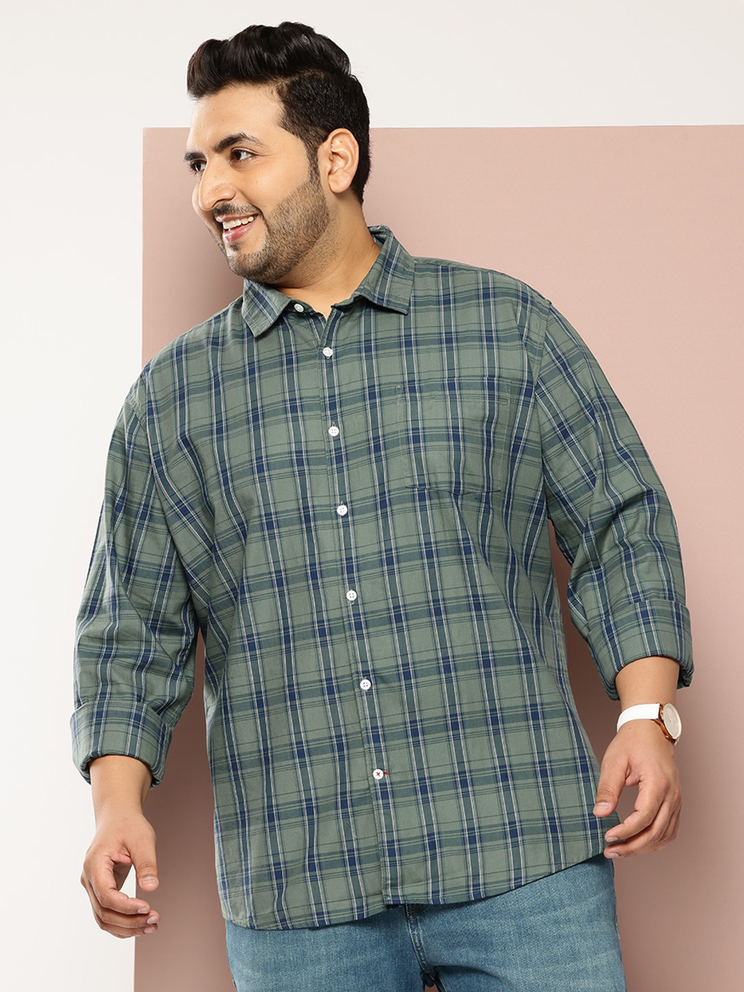 

VASTRADO Plus Size Men Classic Slim Fit Opaque Checked Casual Shirt, Olive