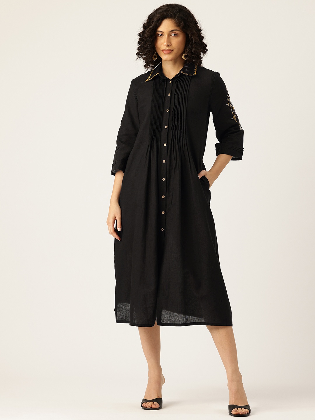 

MISRI Flared Sleeves Shirt Midi Dress With Embroidered Detail, Black