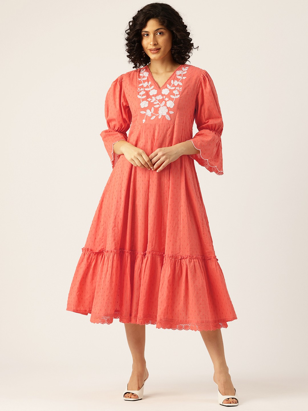 

MISRI Floral Embroidered Bell Sleeves A-Line Midi Dress, Orange
