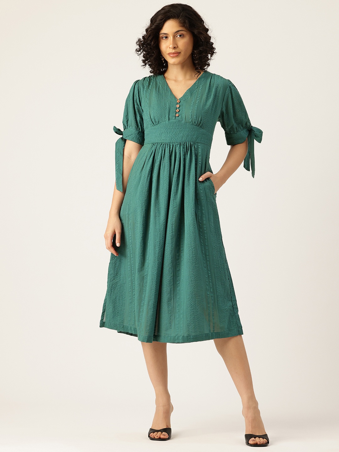 

MISRI Smocked Fit & Flare Midi Dress, Green