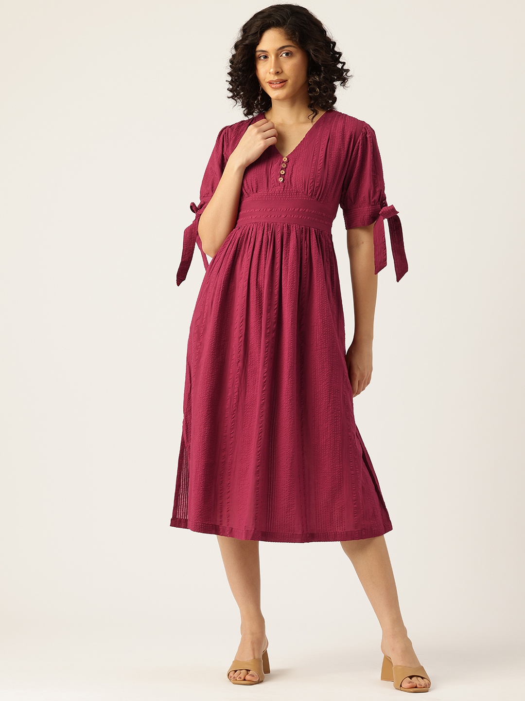 

MISRI Smocked Fit & Flare Midi Dress, Maroon