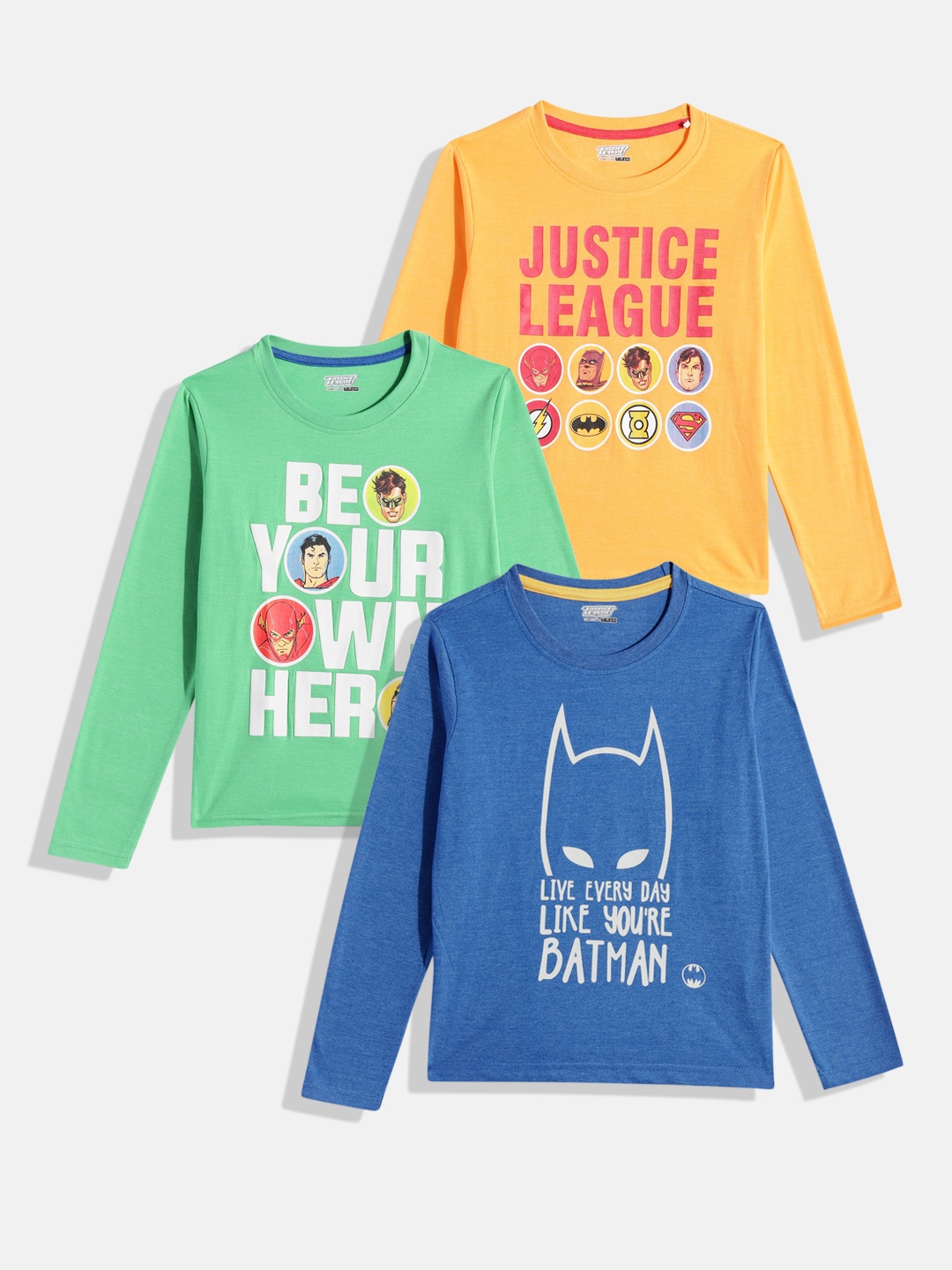 

Here&Now X Game Begins Boys Pack Of 3 DC Comics Printed Pure Cotton T-shirt, Yellow