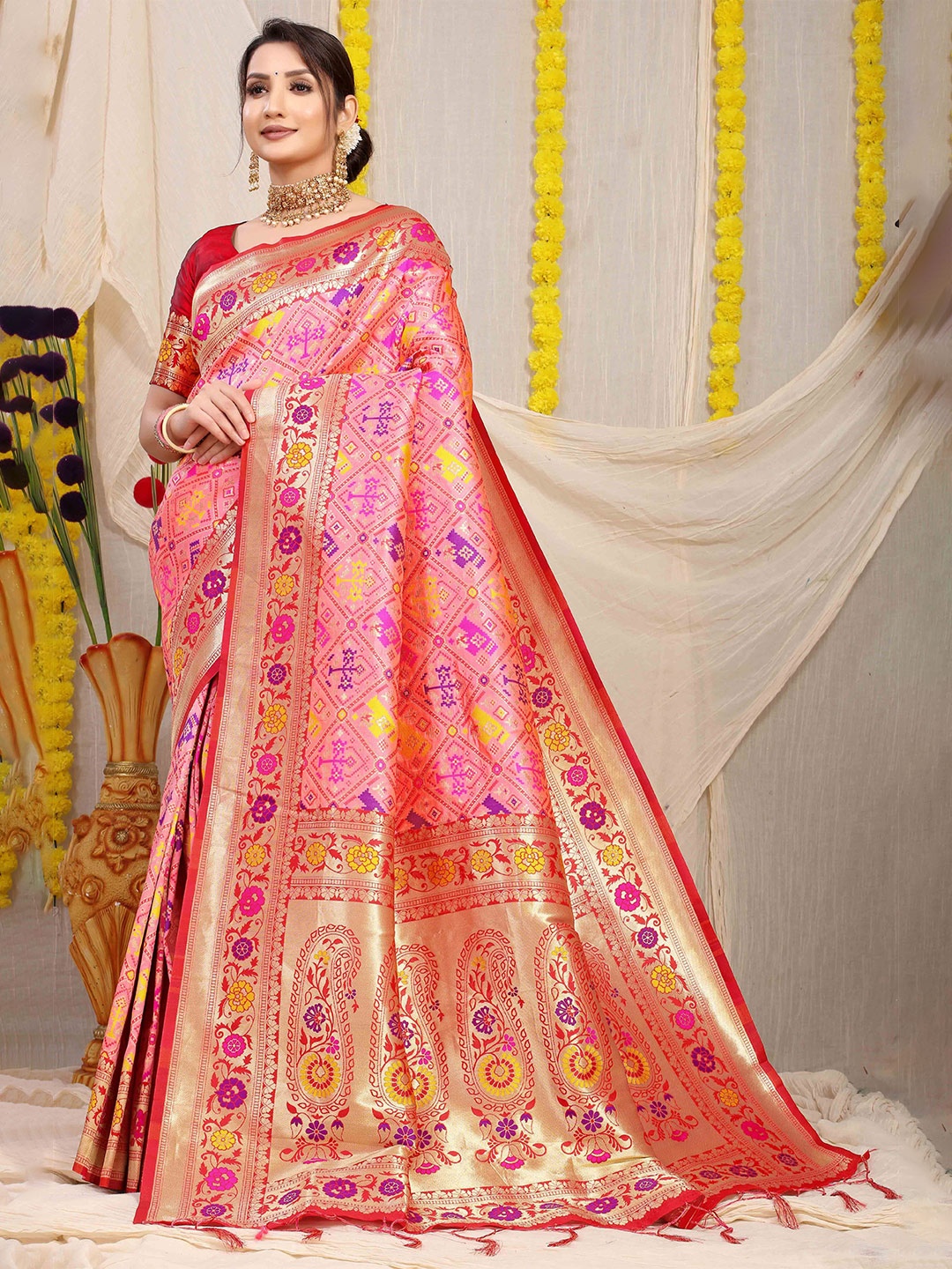 

KIMISHA Ethnic Motif Zari Woven Patola Saree, Peach