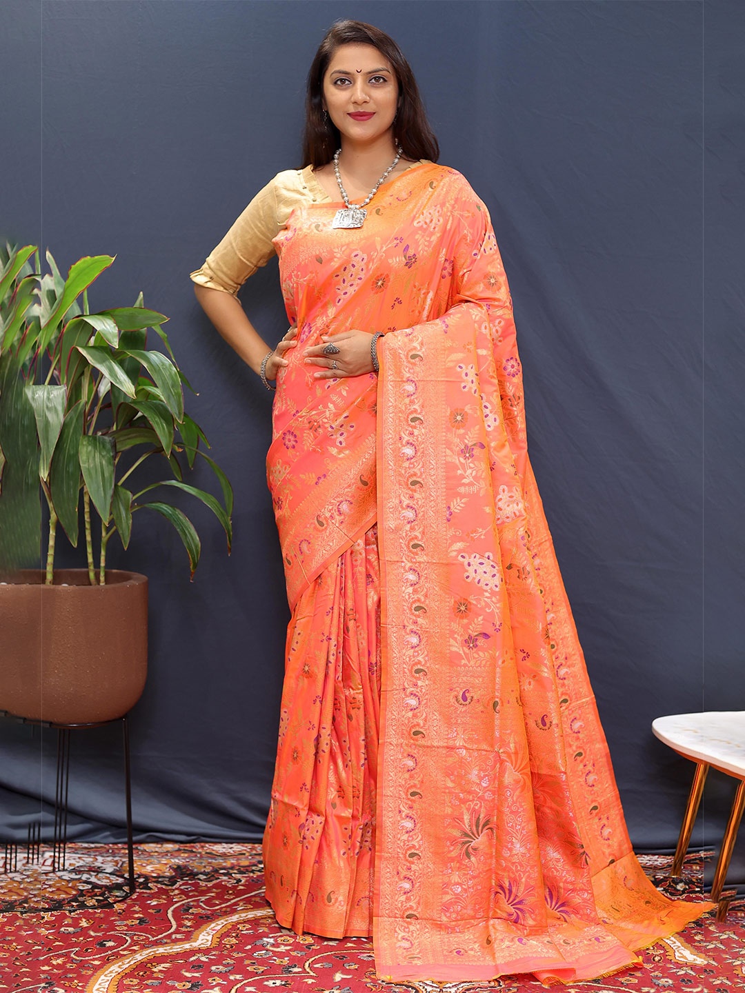 

KIMISHA Ethnic Motif Zari Woven Paithani Saree, Orange