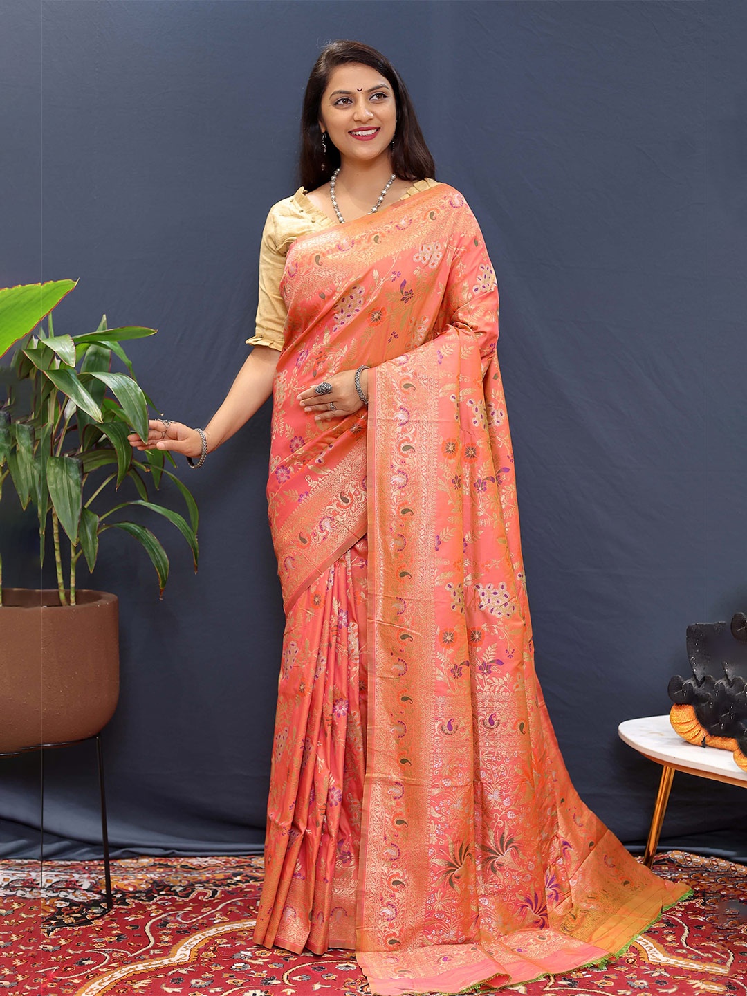 

KIMISHA Woven Designed Zari Paithani Saree, Peach