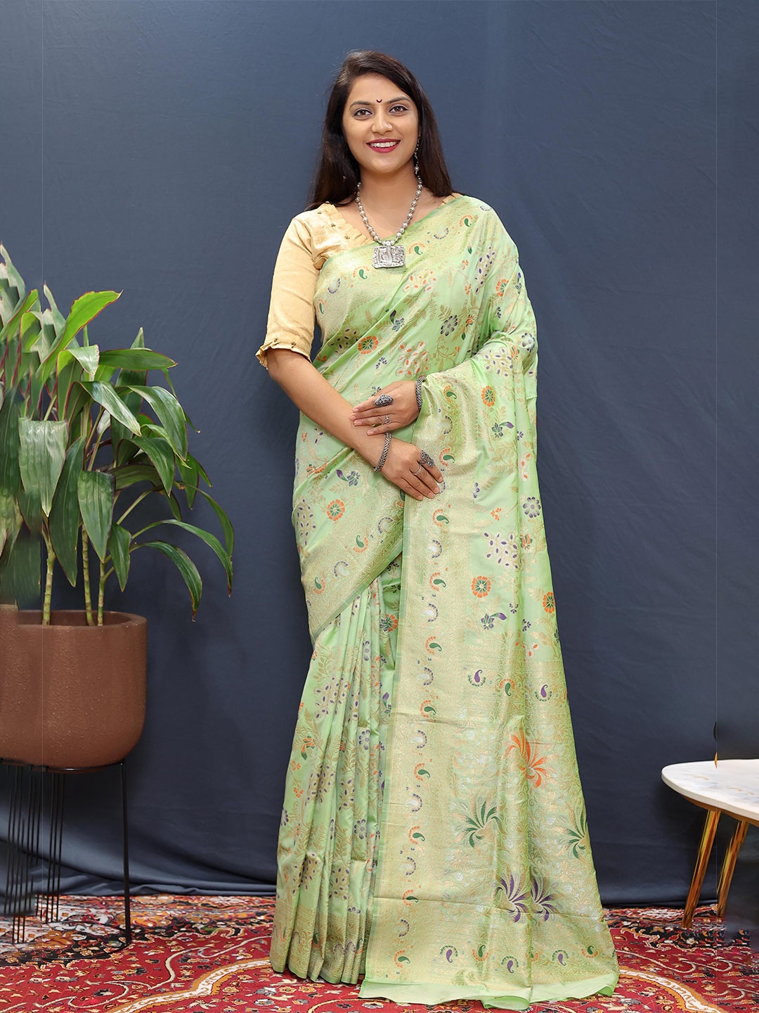 

KIMISHA Ethnic Motifs Woven Design Zari Paithani Saree, Green