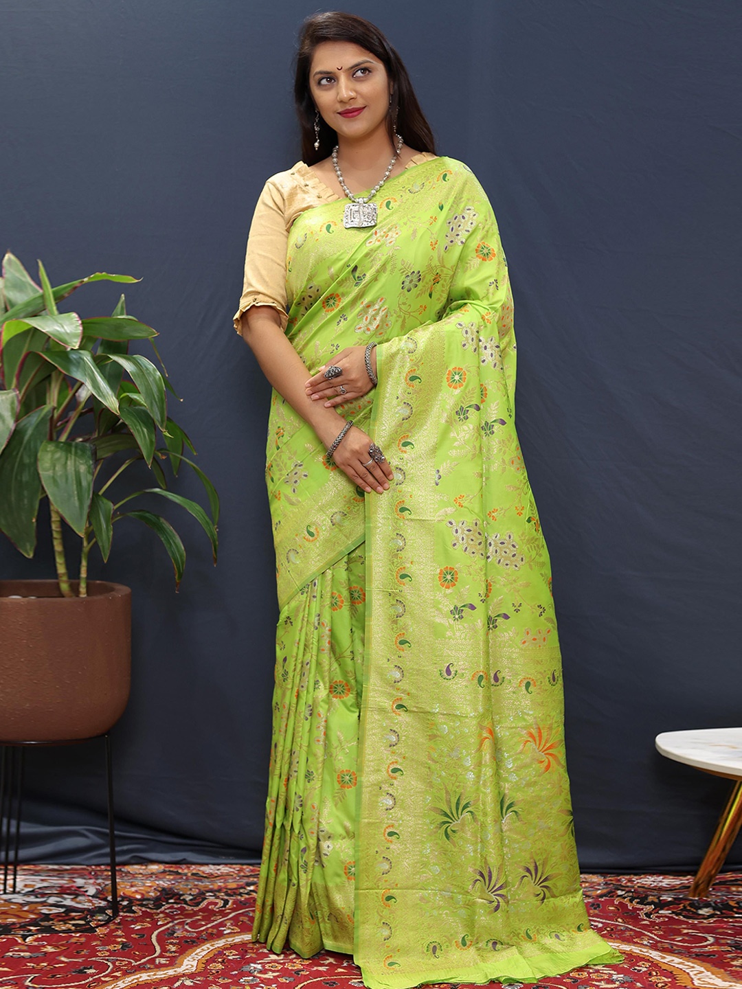 

KIMISHA Woven Design Zari Paithani Saree, Lime green