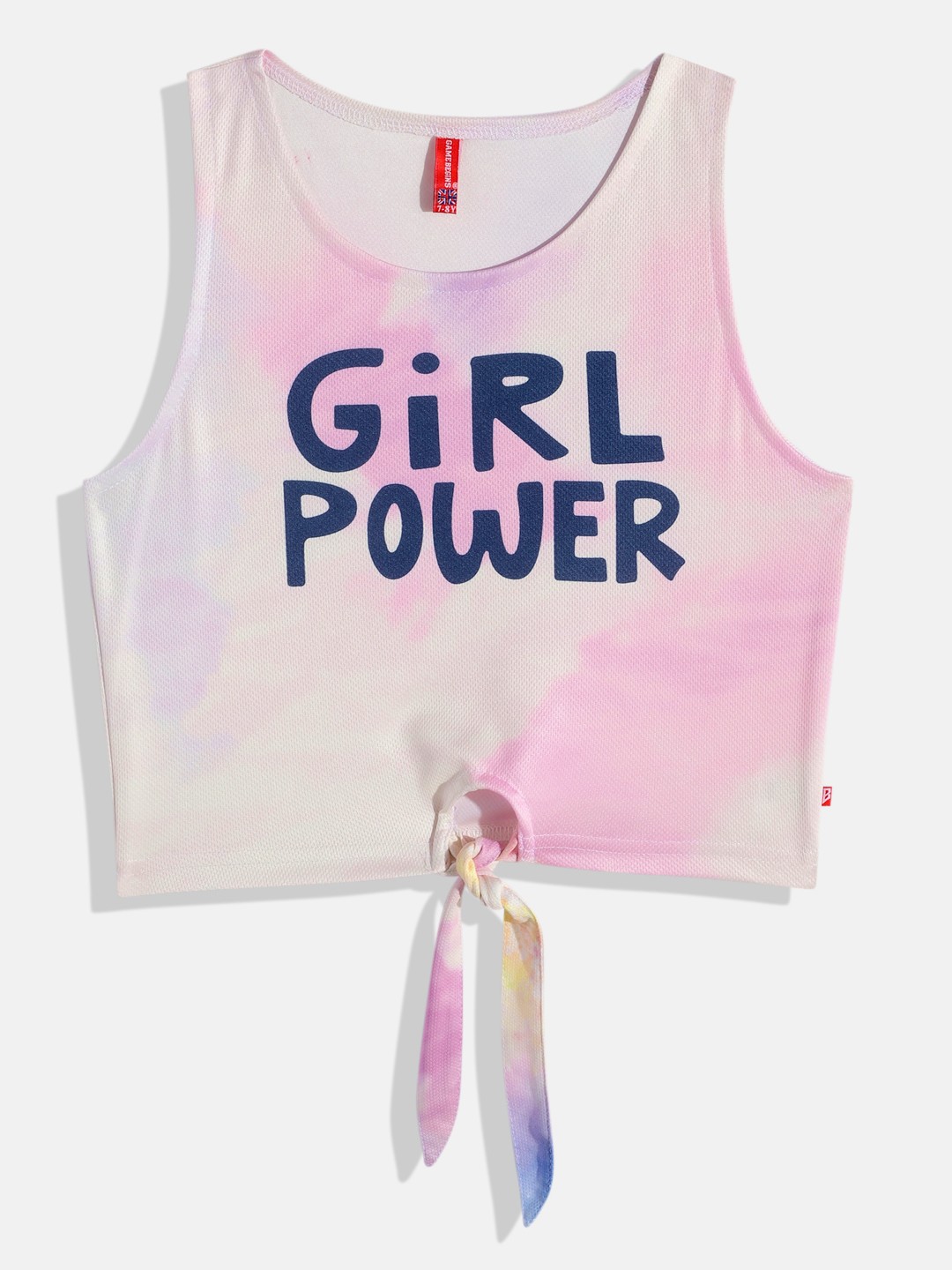 Here&Now X Game Begins Girls Typography Printed Pure Cotton Tie and Dye Crop Top, White