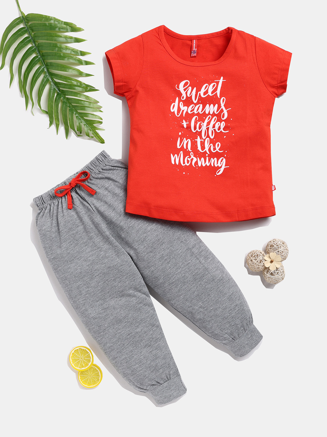 

Here&Now X Game Begins Girls Pure Cotton Printed T-shirt With Joggers, Red
