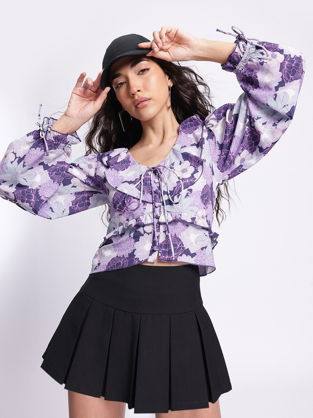 

DressBerry Floral Fantasy Printed Ruffled Top with Tie-Up Detail, Purple