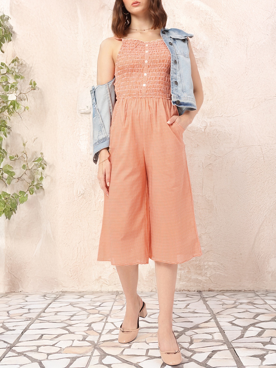 

DressBerry Casual Getaway Gingham Checks Smocked Culotte Jumpsuit, Orange