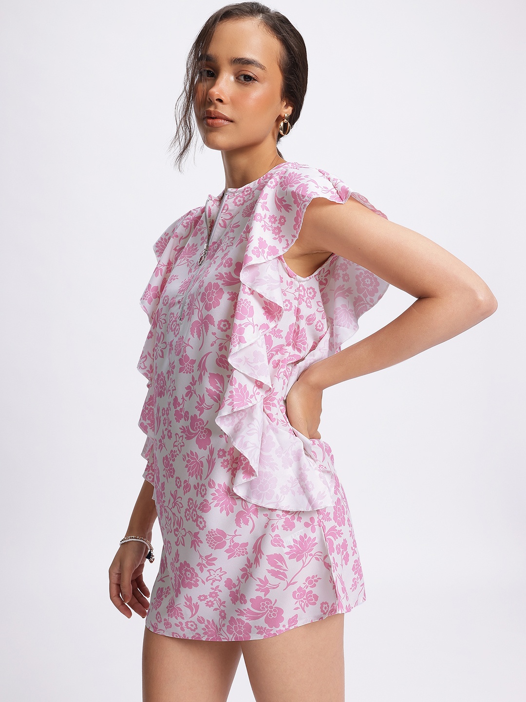 

DressBerry Ruffles Glam Floral Print Mini Sheath Dress, Pink