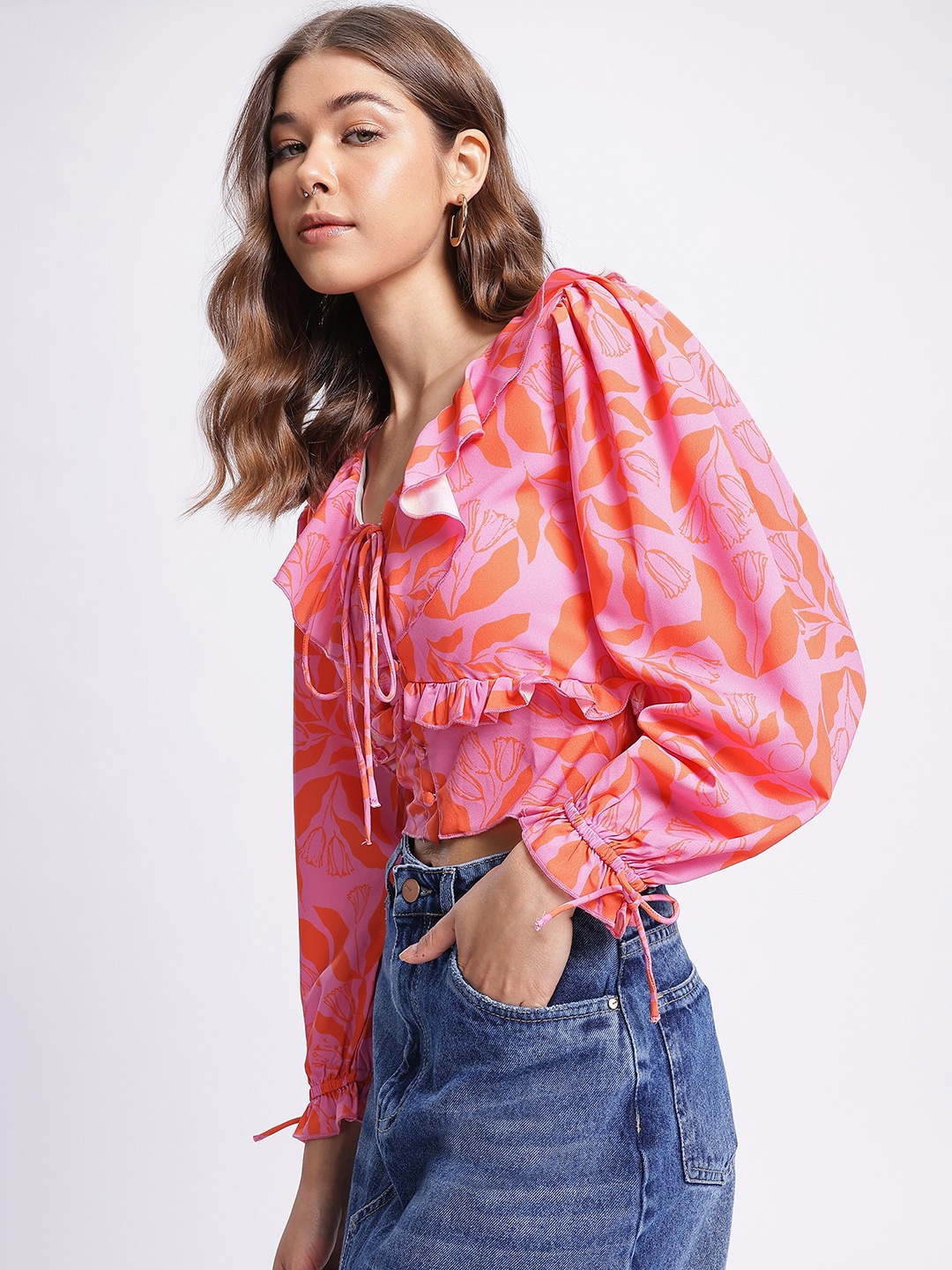 

DressBerry Floral Frenzy Printed Ruffled Top with Tie-Up Detail, Pink