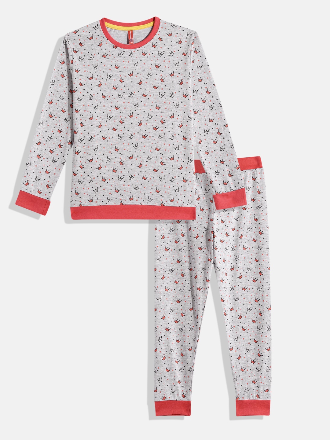 Here&Now X Game Begins Girls Pure Cotton Printed T-shirt With Joggers, Grey