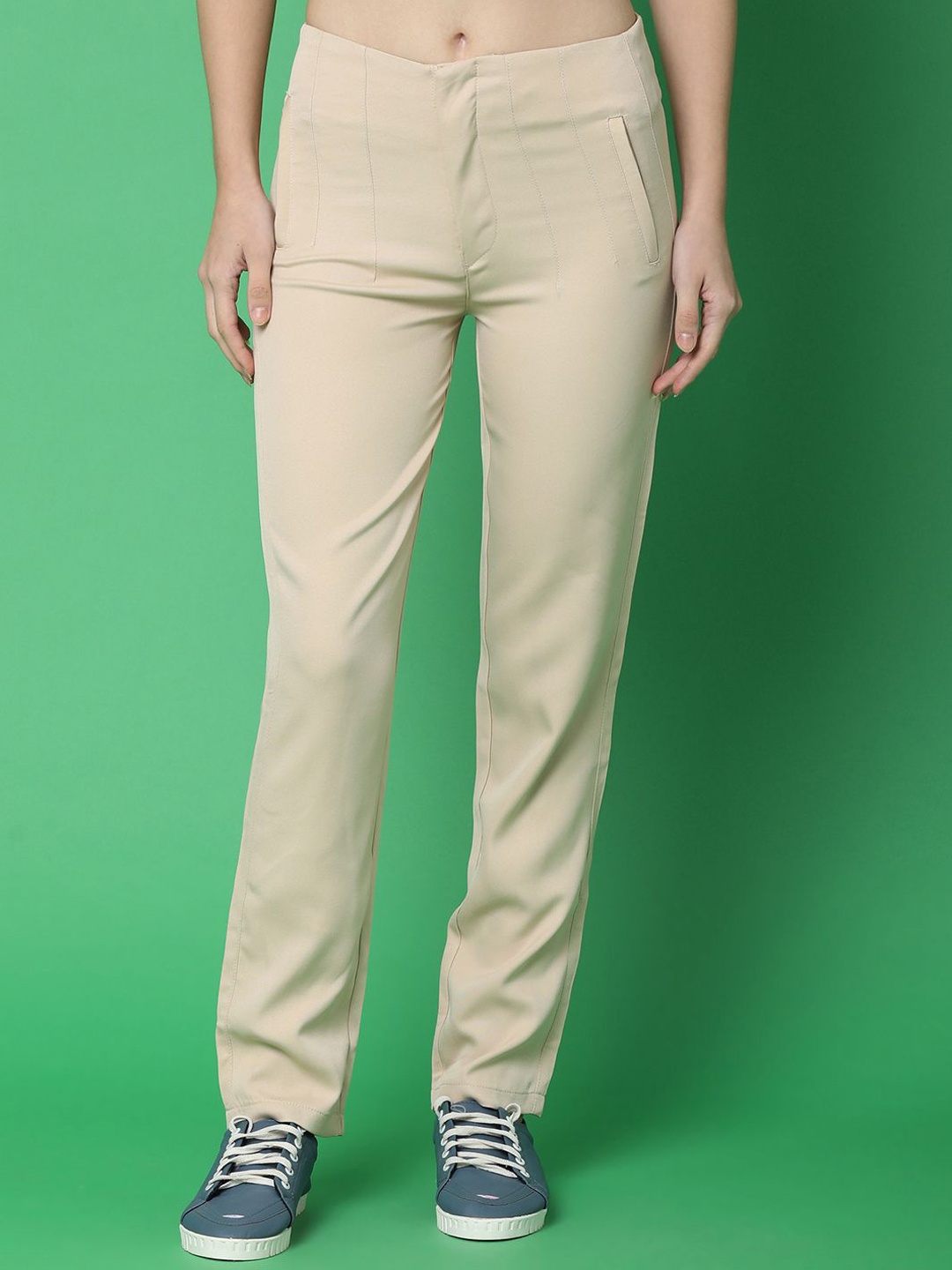 

UNLIMITED Women Solid Regular Fit Regular Length Mid-Rise Regular Trousers, Beige