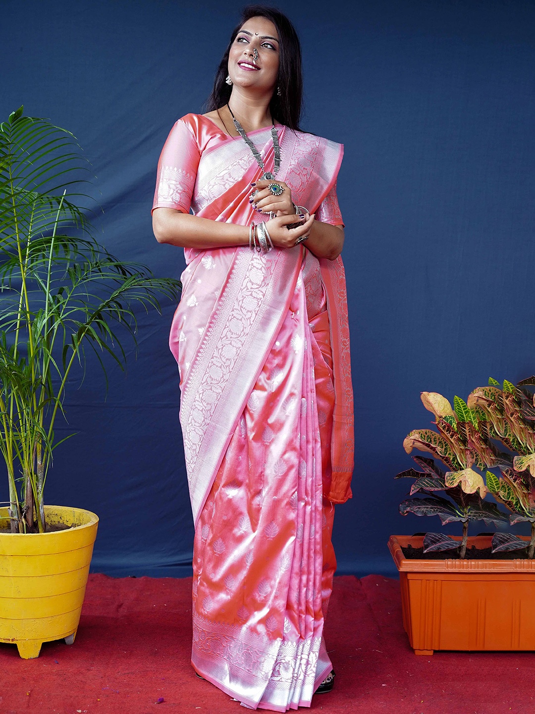 

KIMISHA Woven Design Zari Kanjeevaram Saree, Peach