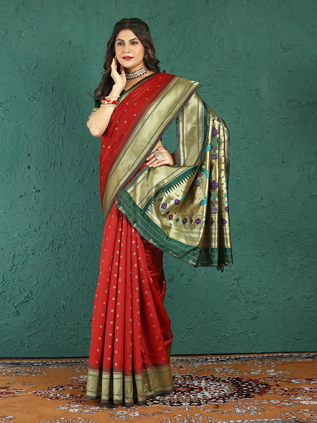 

KIMISHA Woven Design Zari Paithani Saree With Blouse Piece, Red