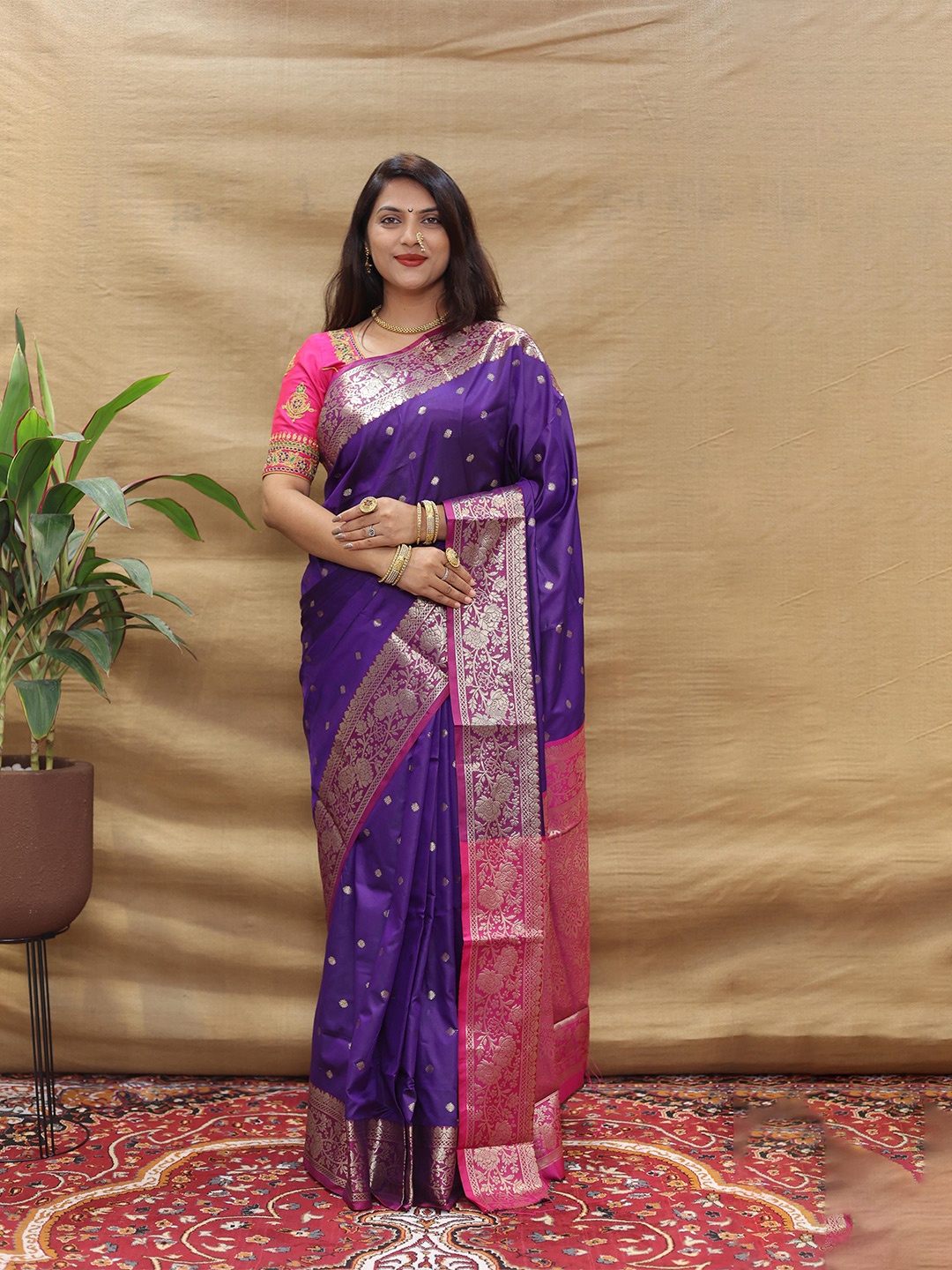 

KIMISHA Ethnic Motif Zari Woven Banarasi Saree, Purple