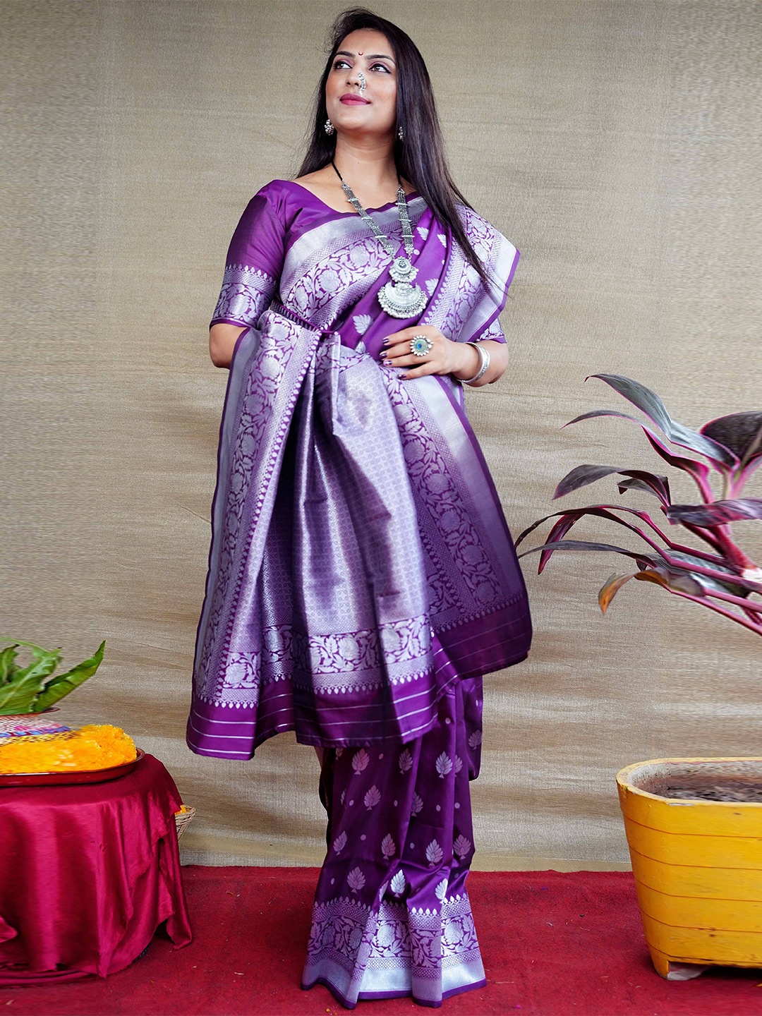

KIMISHA Ethnic Motifs Zari Kanjeevaram Saree, Purple