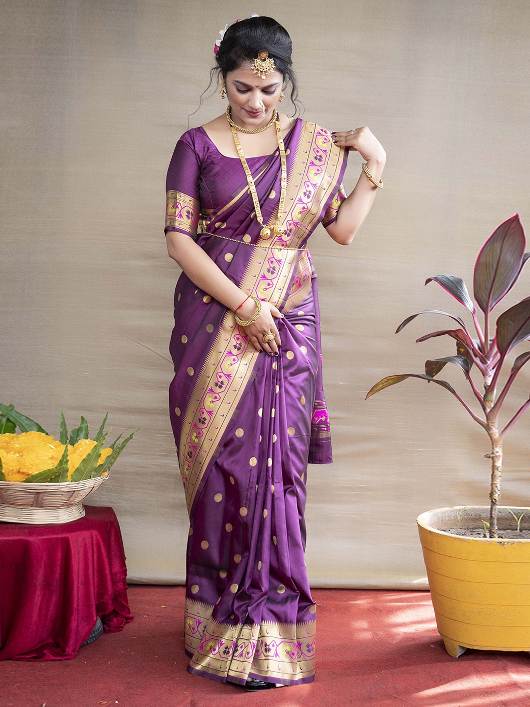 

KIMISHA Polka Dot Zari Paithani Saree, Violet