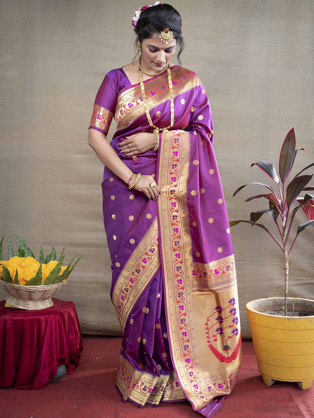 

KIMISHA Woven Design Zari Paithani Saree, Purple