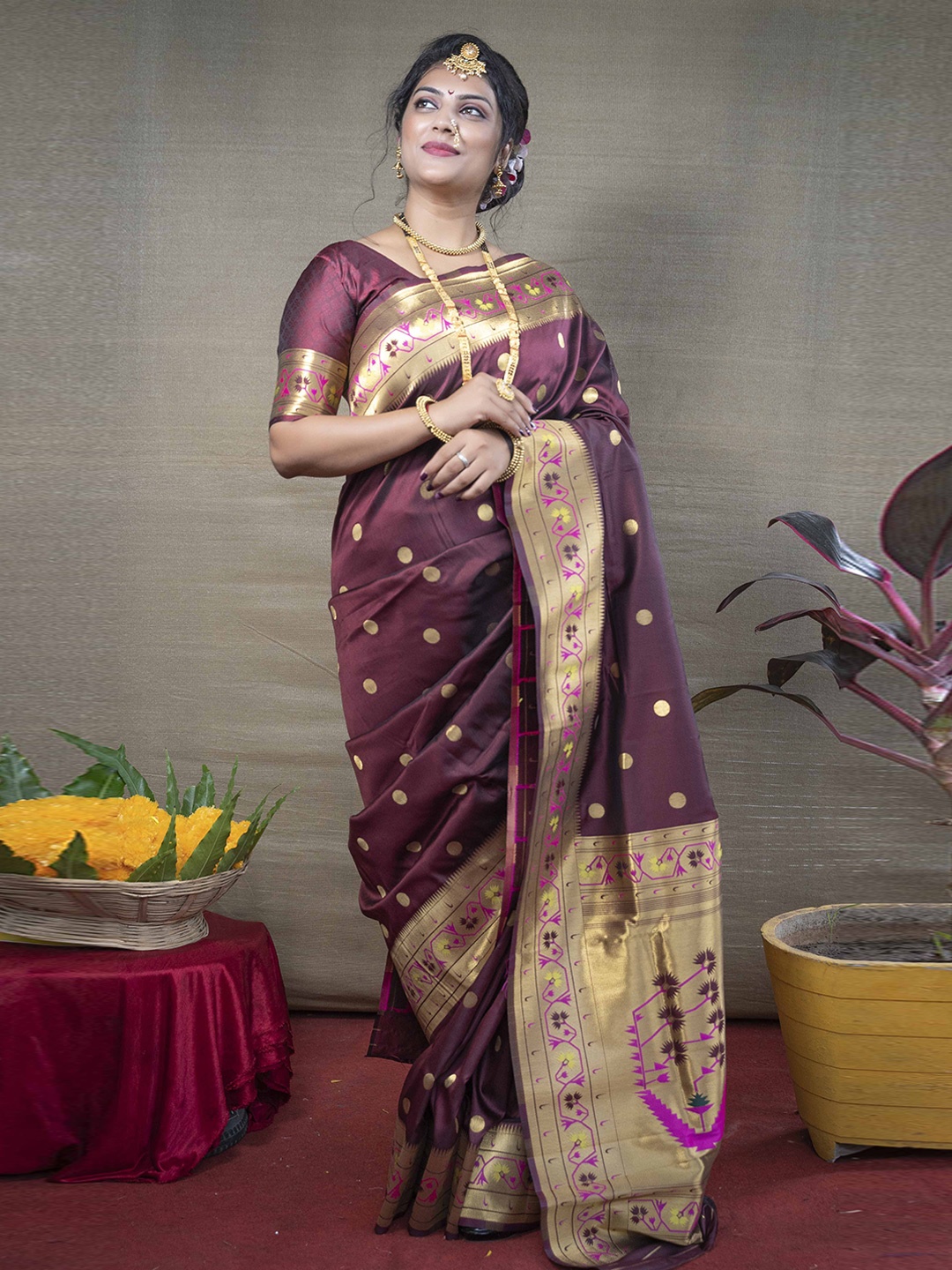 

KIMISHA Woven Design Zari Paithani Saree, Maroon