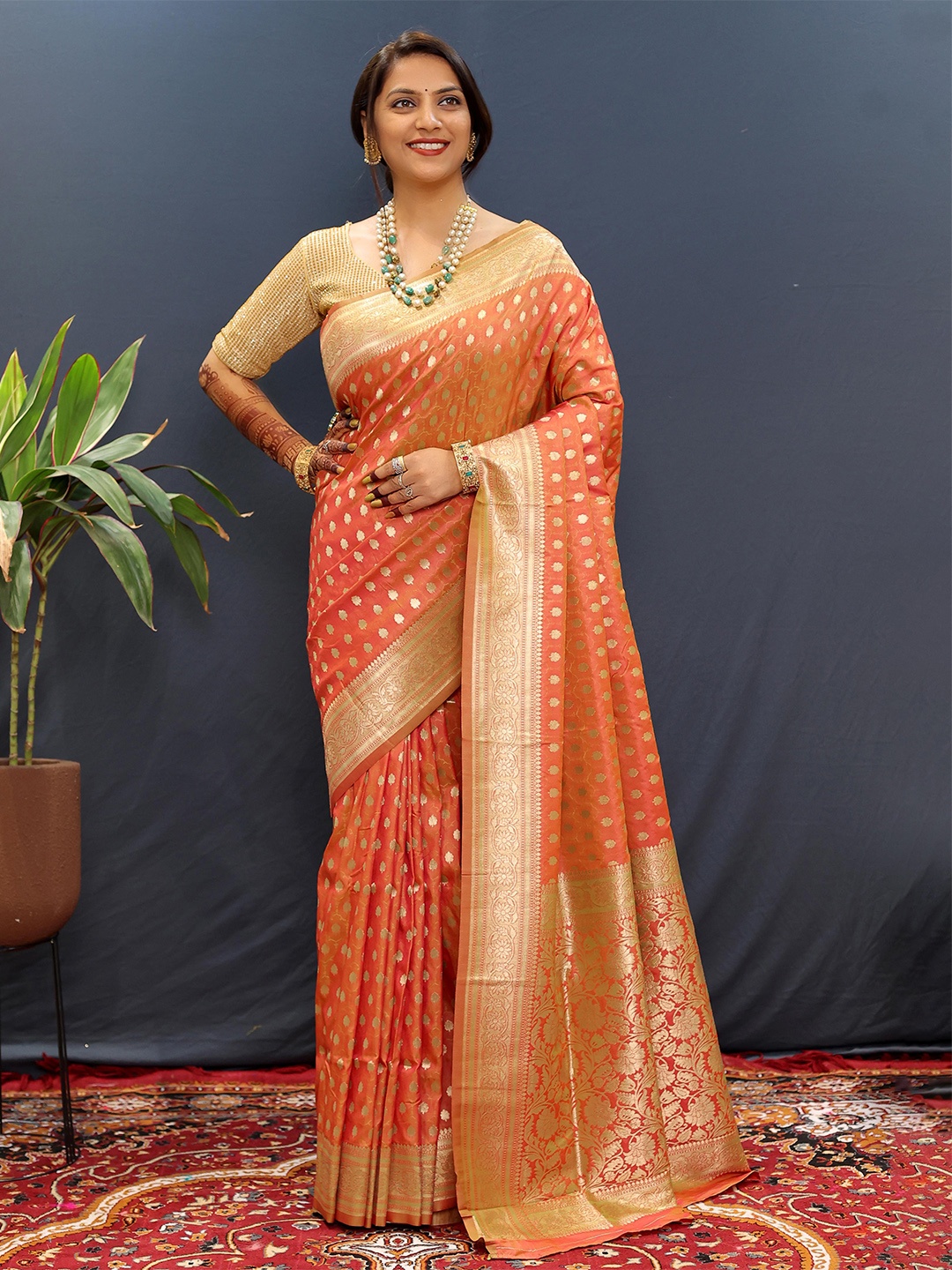 

KIMISHA Ethnic Motifs Zari Banarasi Saree, Orange
