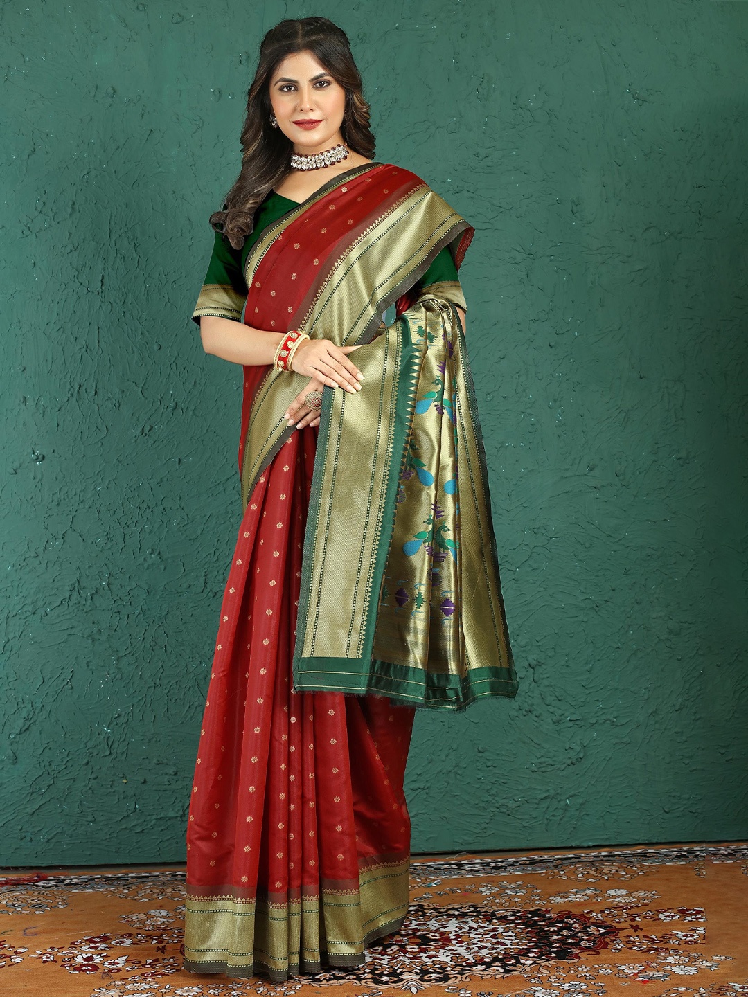 

KIMISHA Woven Design Zari Paithani Saree With Blouse Piece, Maroon