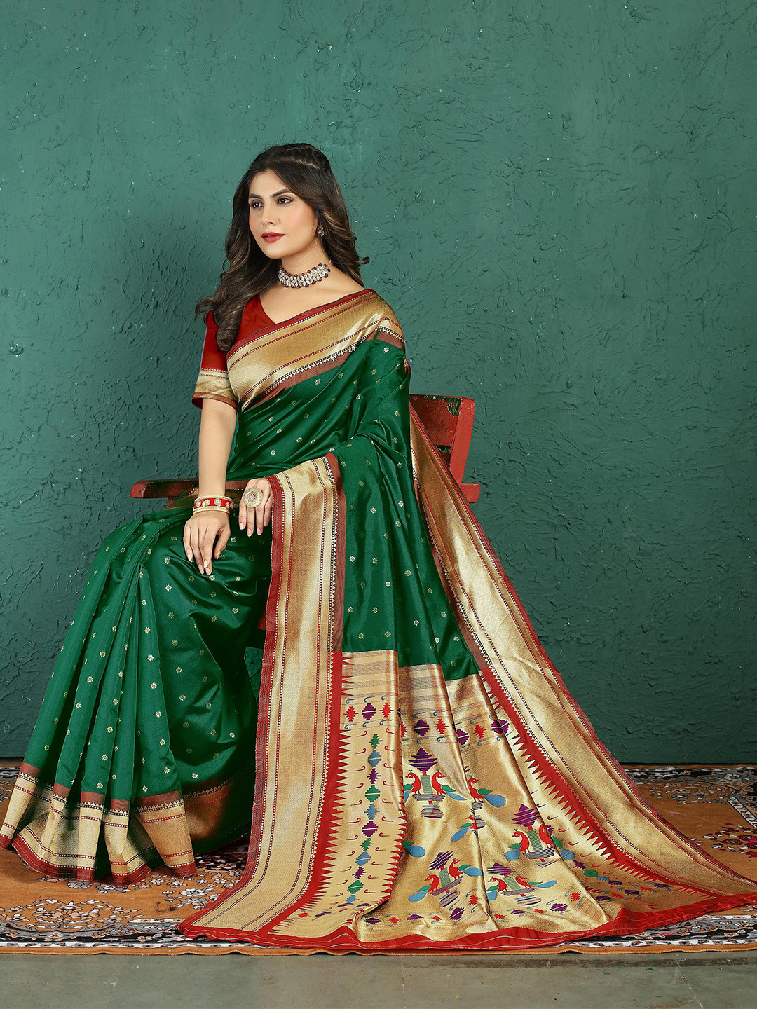 

KIMISHA Woven Design Zari Paithani Saree, Green