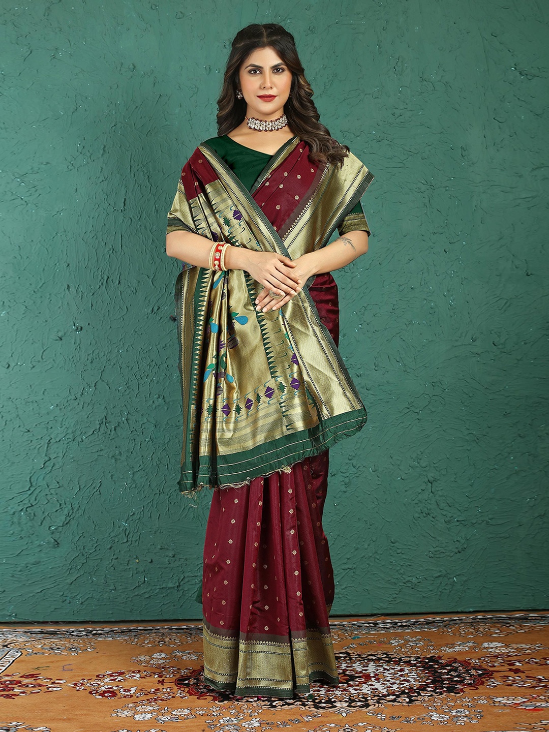 

KIMISHA Printed Zari Paithani Saree, Burgundy