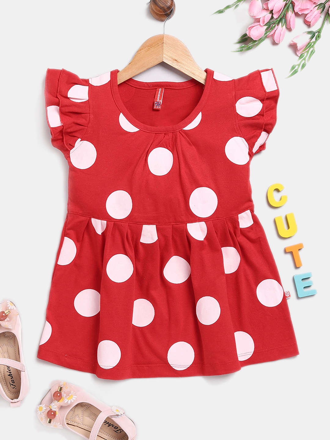 

Here&Now X Game Begins Girls Pure Cotton Geometric Printed Fit & Flare Dress, Red