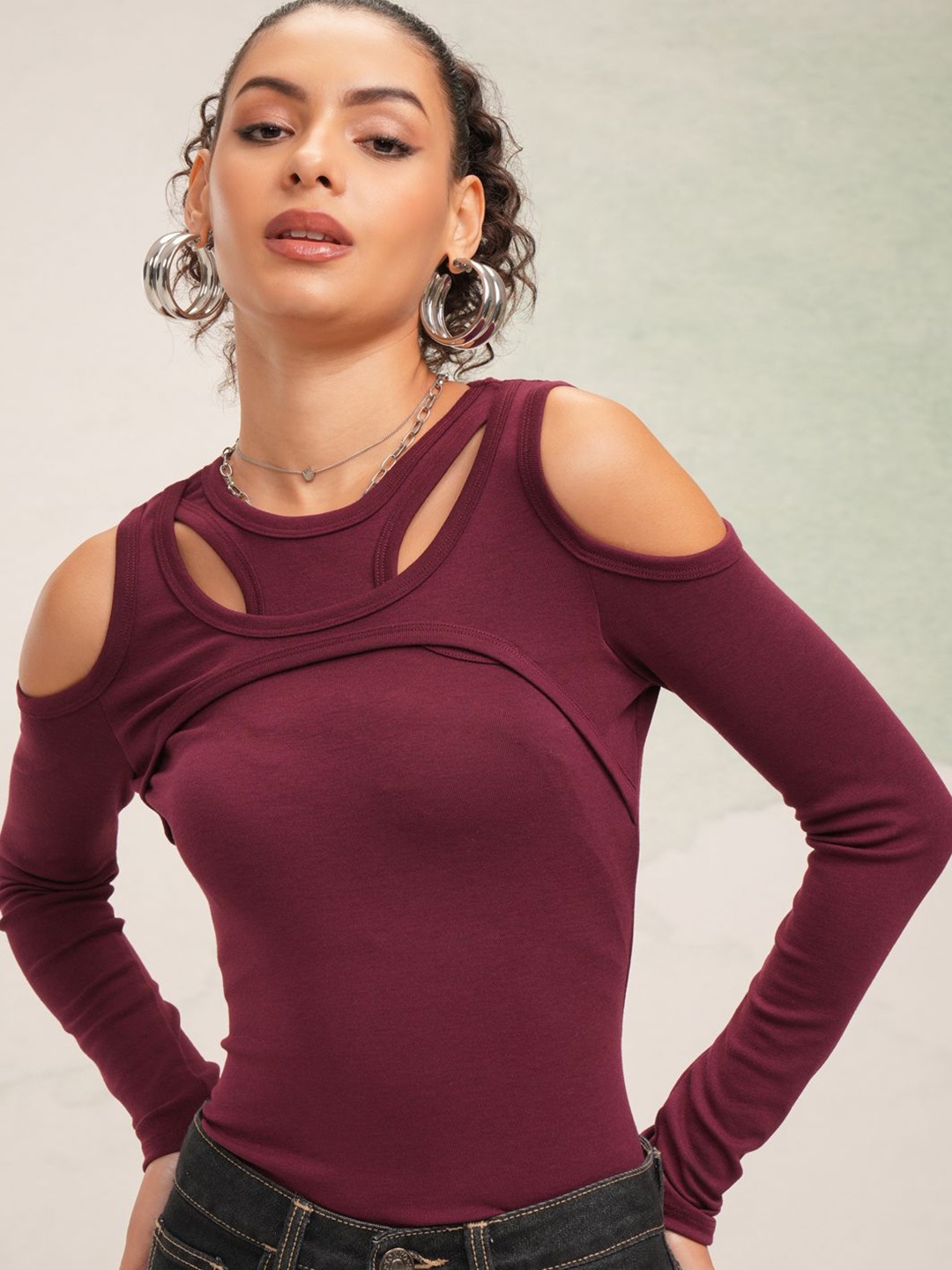 

Tokyo Talkies Women Cold-Shoulder Top, Burgundy