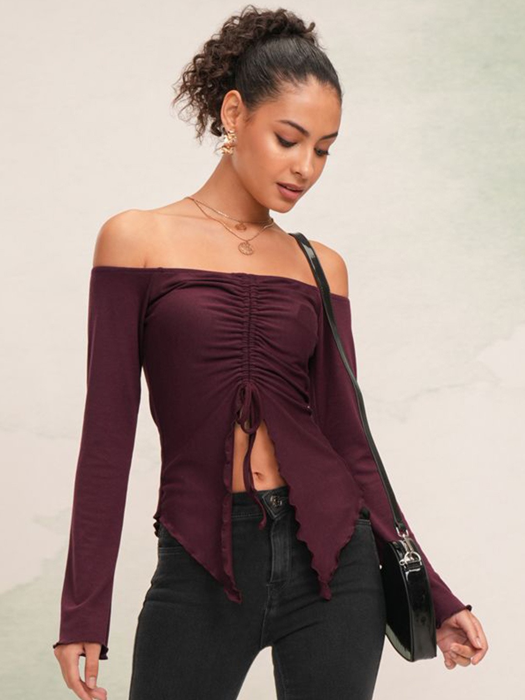 

Tokyo Talkies Off-Shoulder Twisted Bardot Crop Top, Burgundy