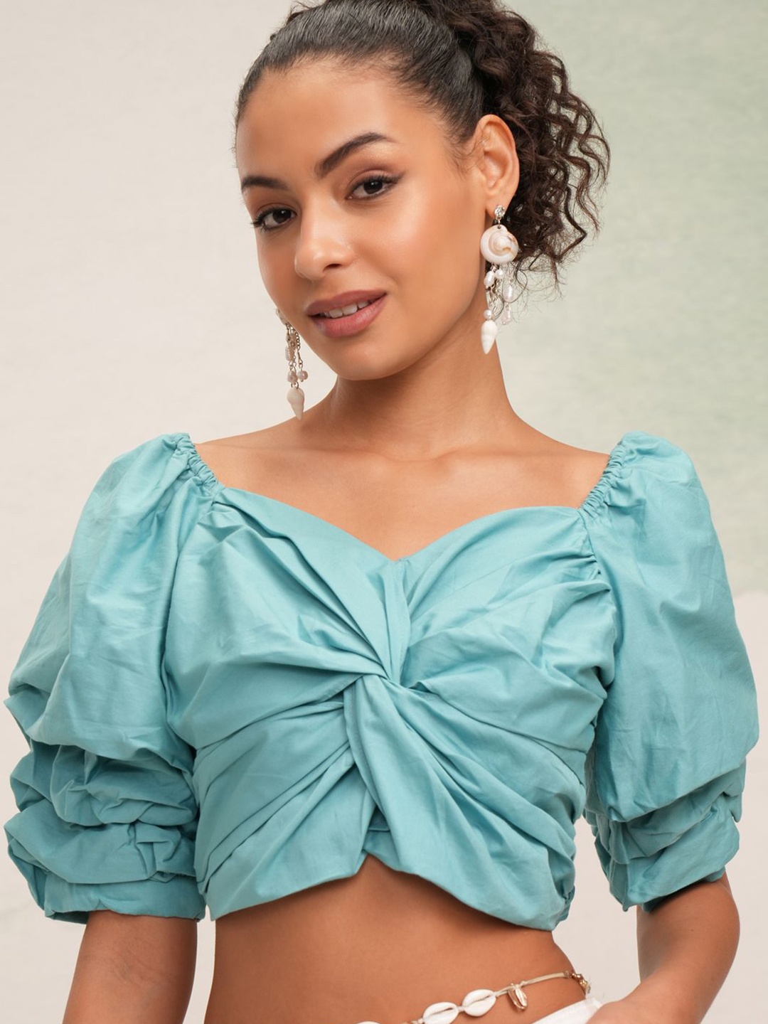 

Tokyo Talkies Solid Sweetheart Neck Puff Sleeve Twisted Cotton Crop Top, Teal