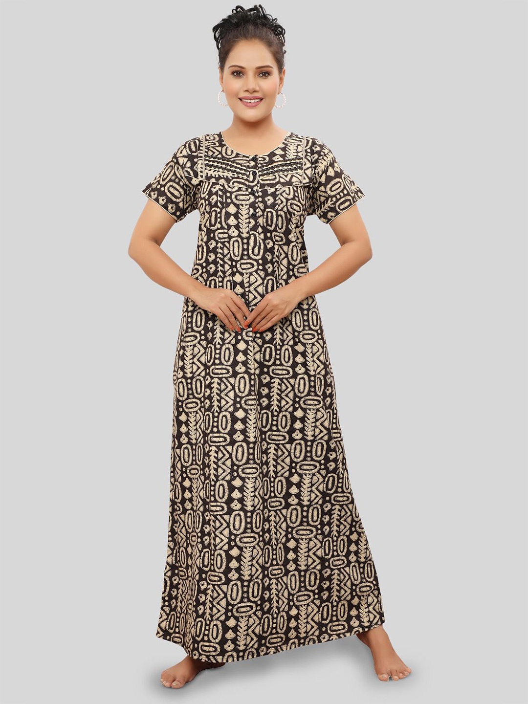 

NIGHT QUEEN Digital Printed Maxi Nightdress, Brown