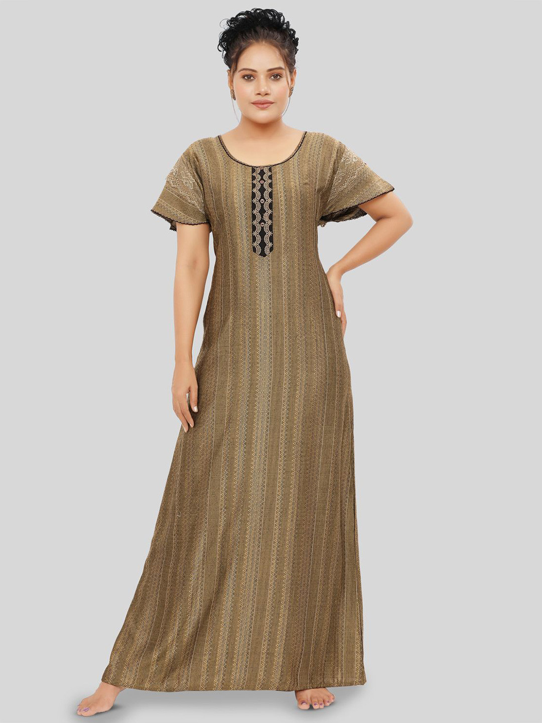 

NIGHT QUEEN Women Printed Round Neck Maxi Nightdress, Tan