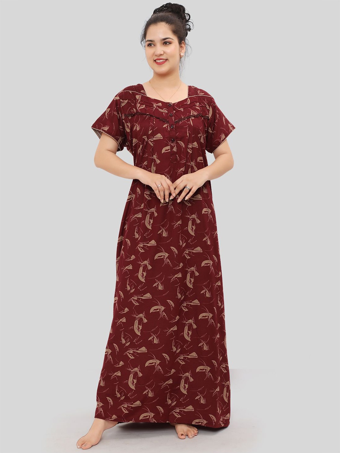 

NIGHT QUEEN Women Printed Square Neck Maxi Nightdress, Maroon