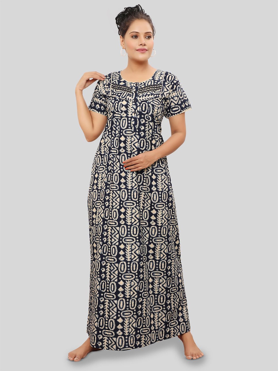 

NIGHT QUEEN Women Printed Maxi Nightdress, Blue