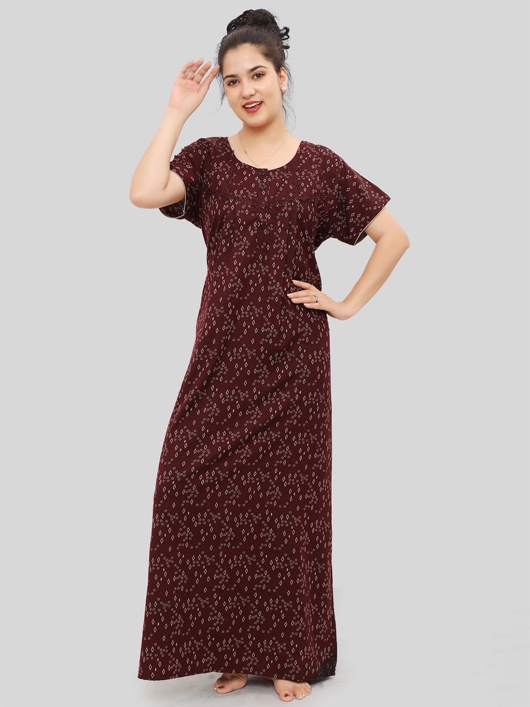 

NIGHT QUEEN Women Printed Round Neck Maxi Nightdress, Maroon