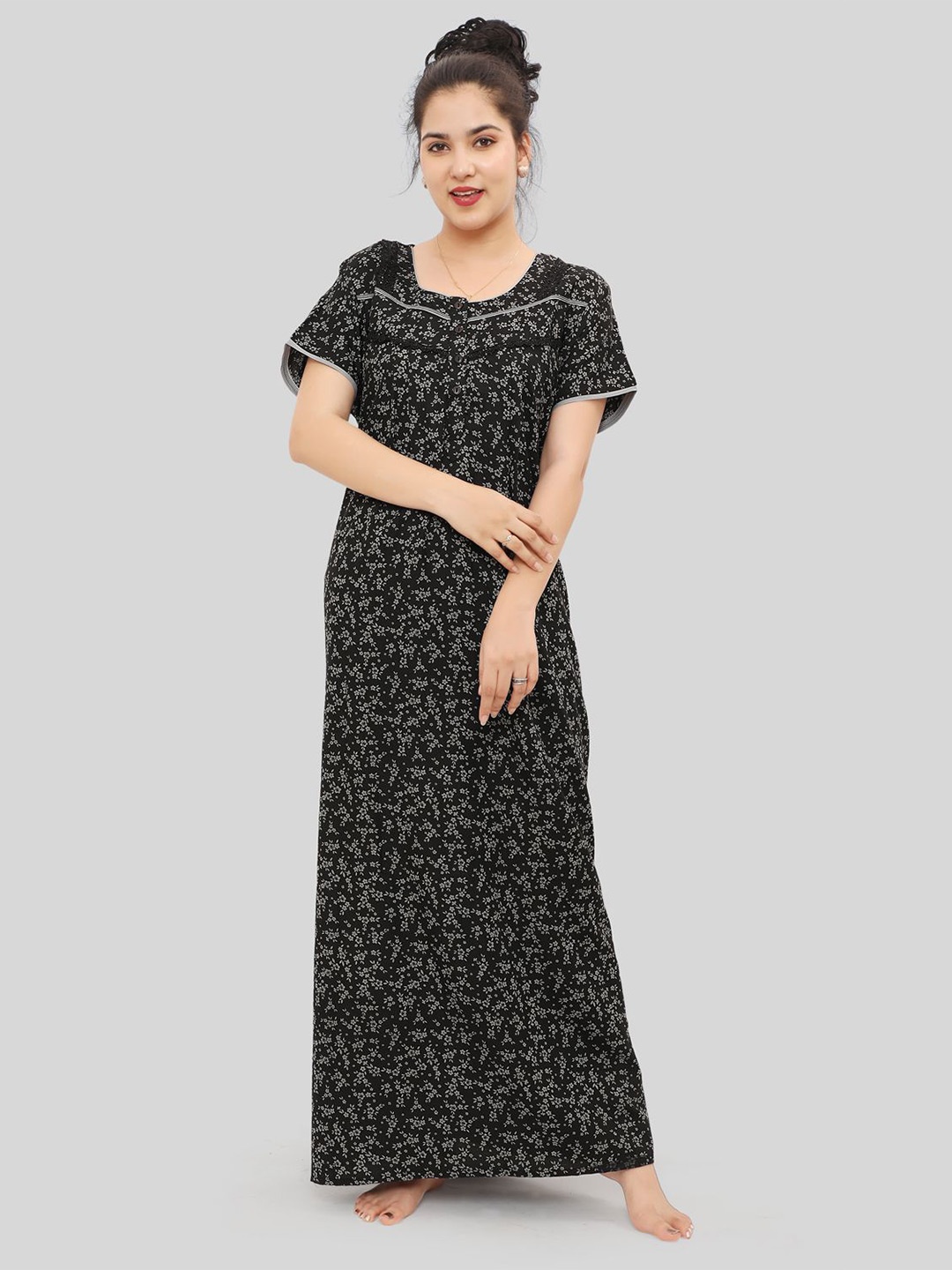 

NIGHT QUEEN Floral Printed Maxi Nightdress, Black