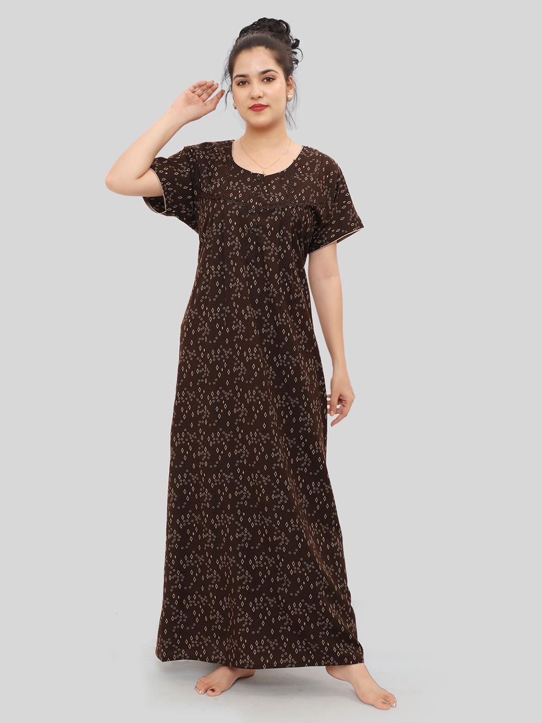 

NIGHT QUEEN Women Printed Short Sleeves Maxi Nightdress, Brown