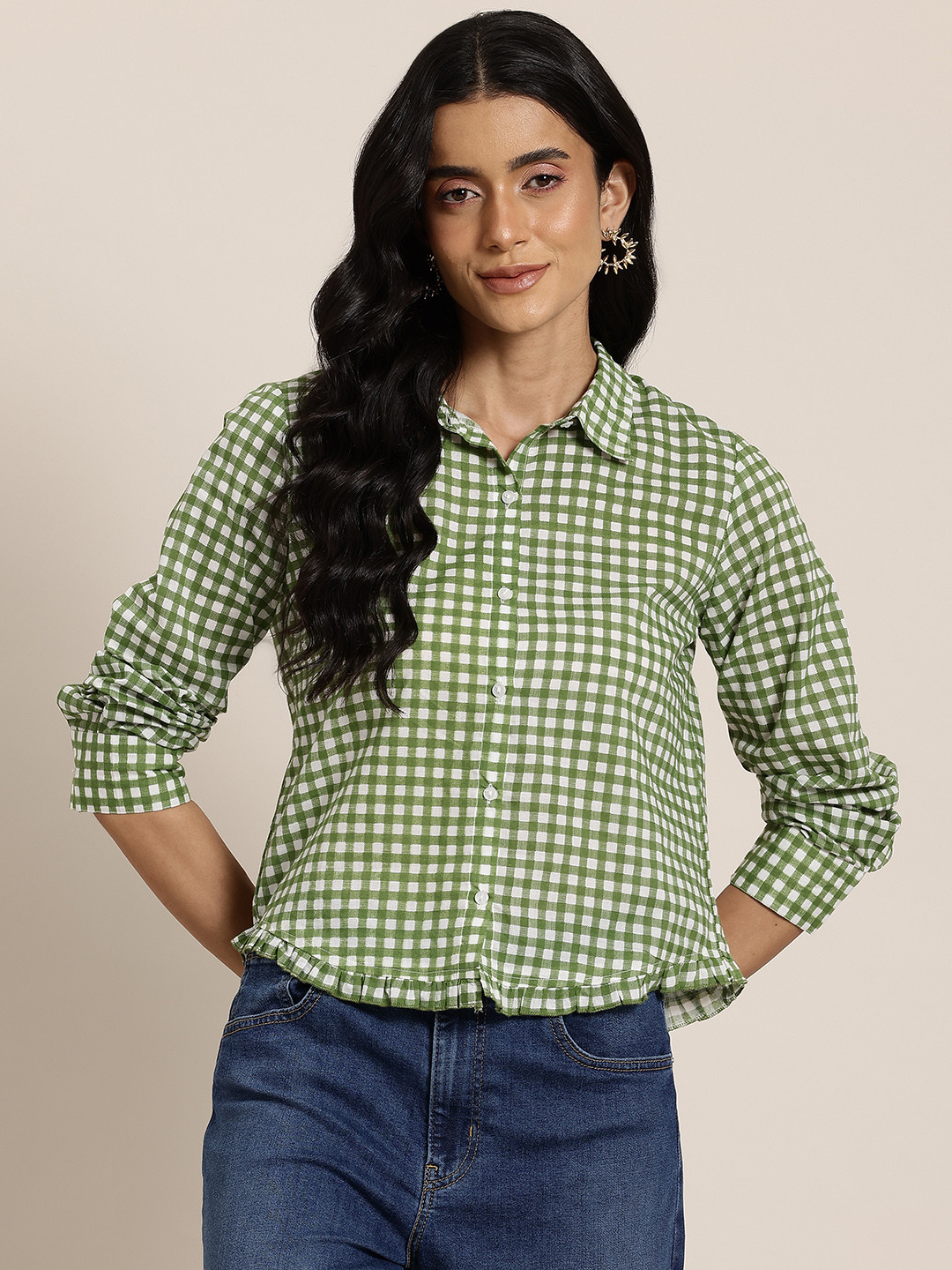 

HERE&NOW Checked Pure Cotton Shirt Style Crop Top, Green