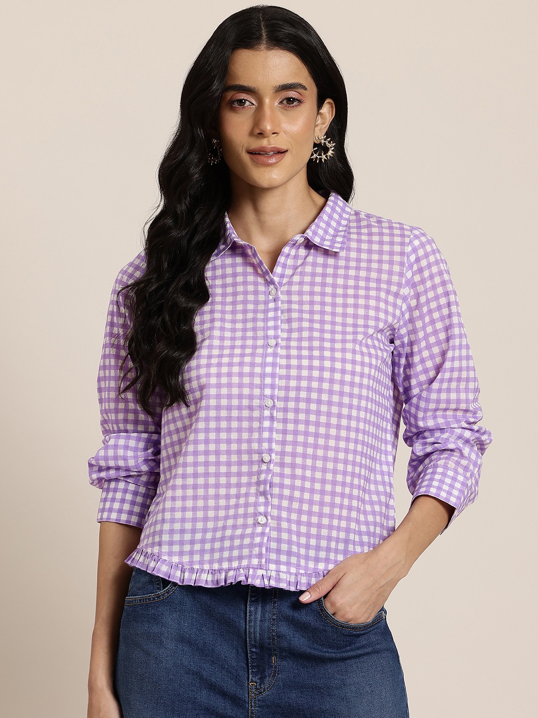 

HERE&NOW Checked Pure Cotton Shirt Style Crop Top, Purple