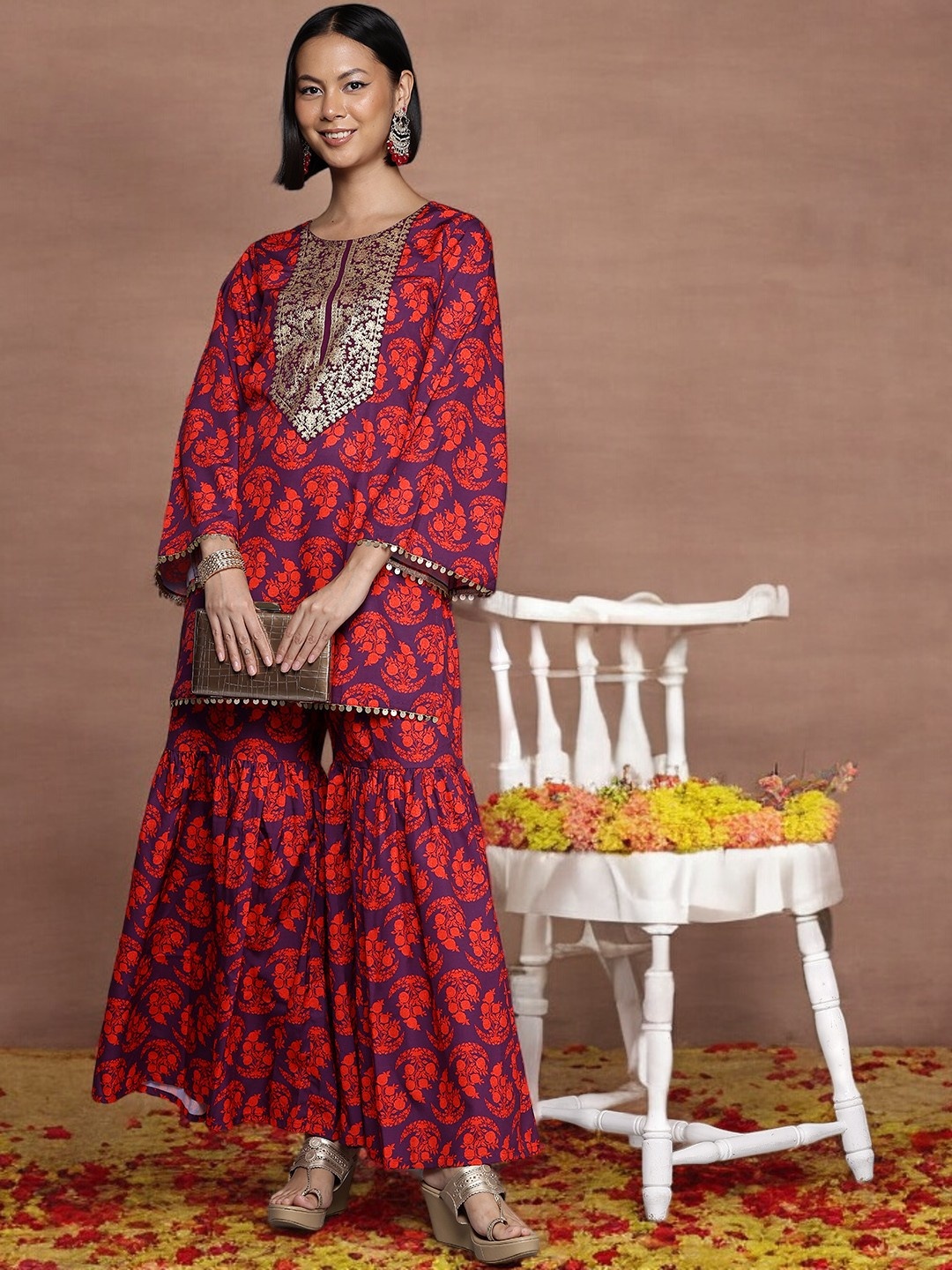 

Ahalyaa Floral Printed Tunic With Sharara, Purple