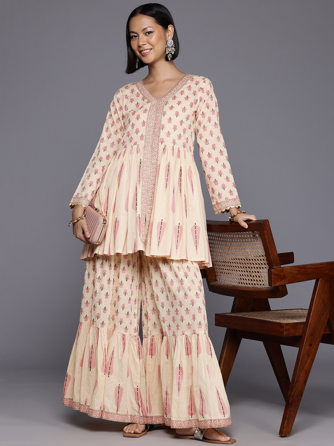 

Ahalyaa Ethnic Motifs Printed Pure Cotton Tunic With Sharara, Beige