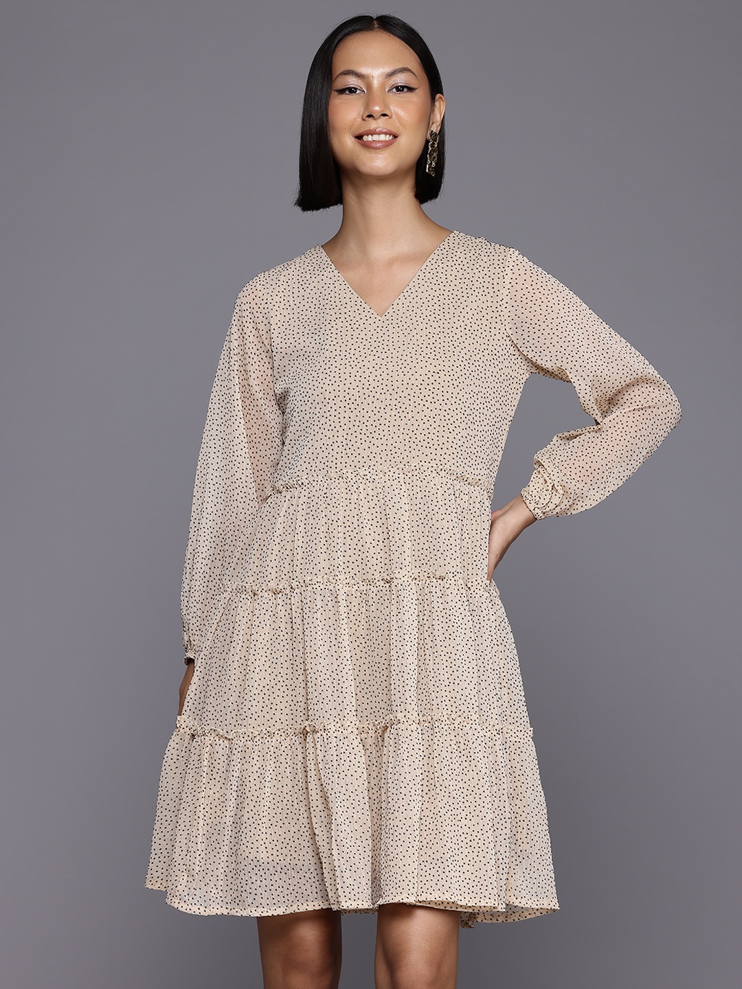 

Ahalyaa Women Polka Dot Printed A Line Dress, Tan