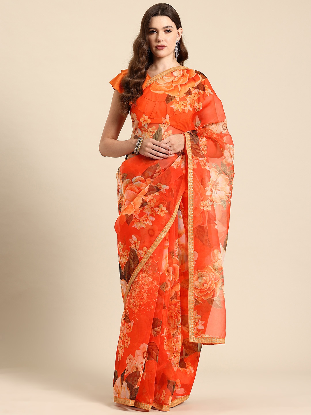 

Ahalyaa Floral Print Organza Saree, Orange