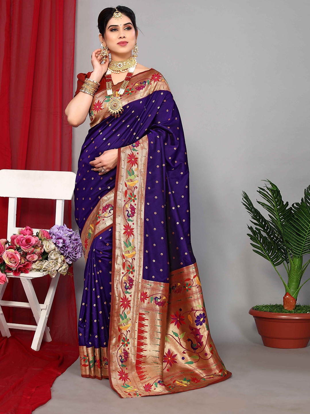 

Rhey Paithani Pure Silk Woven Design Zari Traditional Saree, Purple