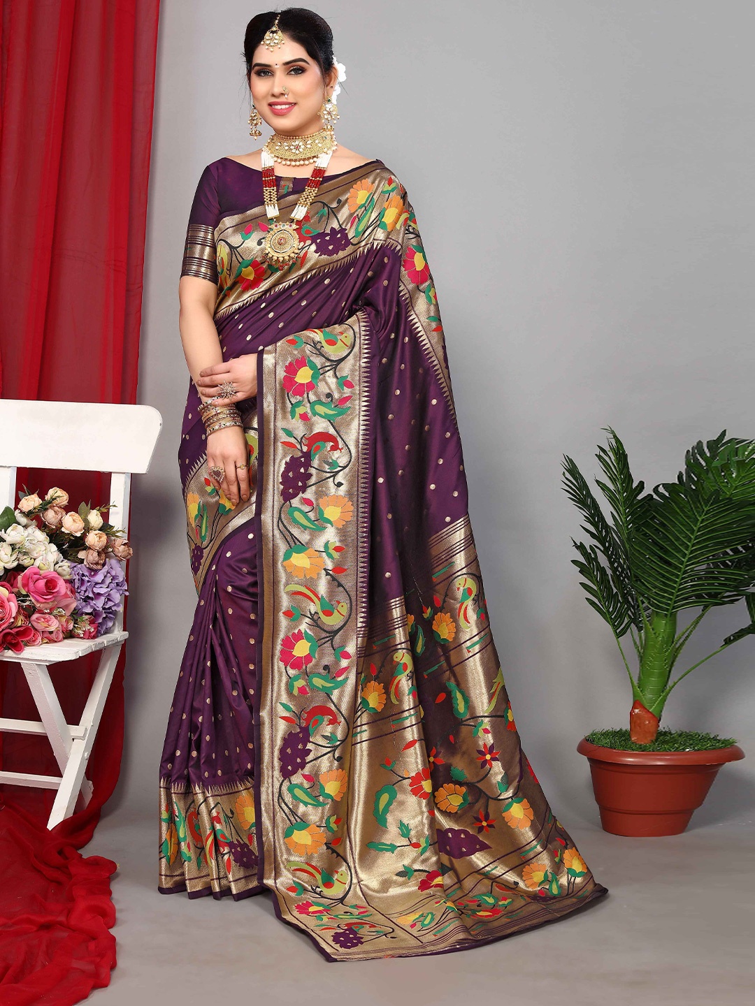 

Rhey Woven Design Zari Pure Silk Paithani Saree, Purple